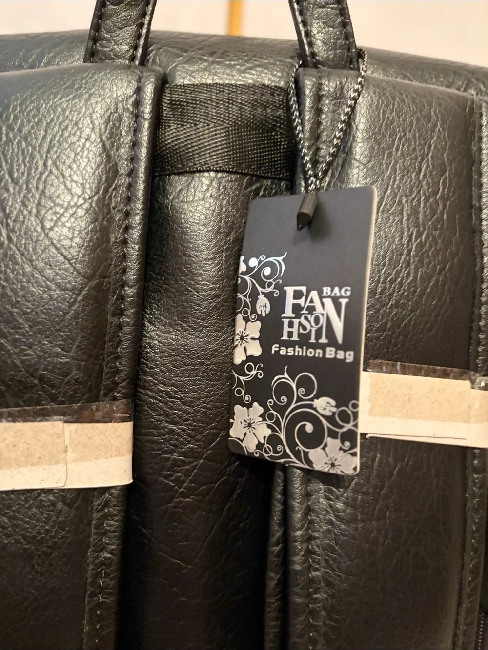 NWT Black Faux Leather Backpack with Front Flap & Zip Side Pockets.